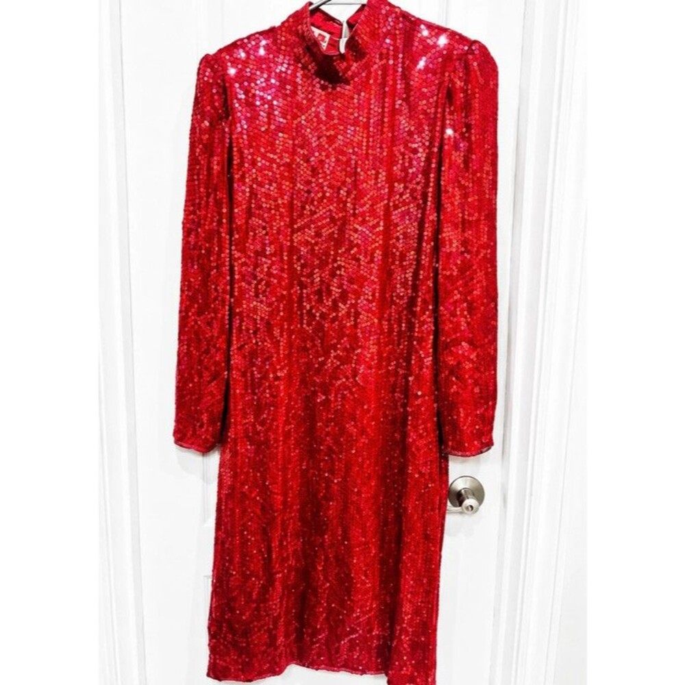 Vintage Scarlet Rage Red Sequin Mock Neck Long Sleeve Party Cocktail Dress Small